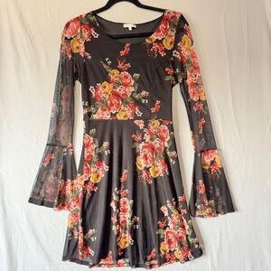 Charlotte Russe Floral Mini Dress M Black Whimsigoth Fairy Grunge Witchy Sheer